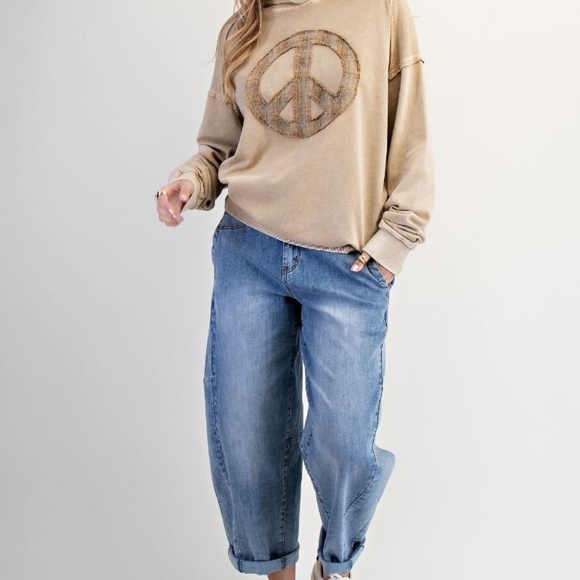 NEW EASEL CLOTHING WASHED TERRY KNIT PULLOVER PEACE HOODIE OATMEAL SWEATSHIRT - Picture 2 of 5